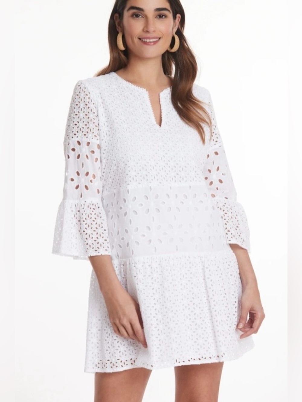 Tyler Boe Ingrid Eyelet Skimmer Dress XS White Bell Sleeves Boho Tiered Cotton